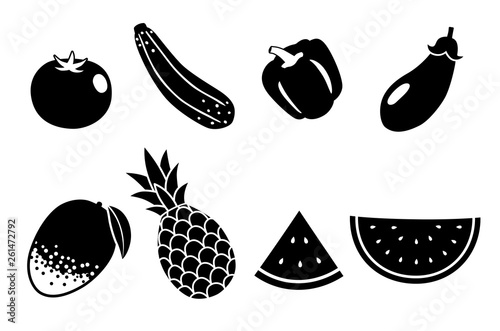 Summer vegetables and fruits icon set