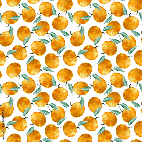 Seamless pattern of tangerines with leaves isolated on white background. Tropical pattern. Watercolor illustration.