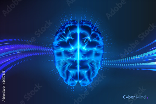 Glowing cyber mind or shining artificial intelligence brain. Neural network or machine learning background. Futuristic AI thinking. Cyberbrain and cyberspace, human and robot. Science theme