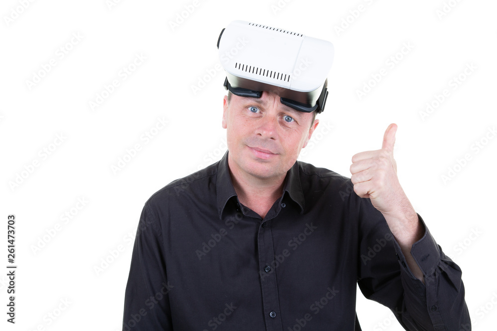 thumbs up man after playing in virtual reality goggles thumbs up man after playing in virtual reality goggles