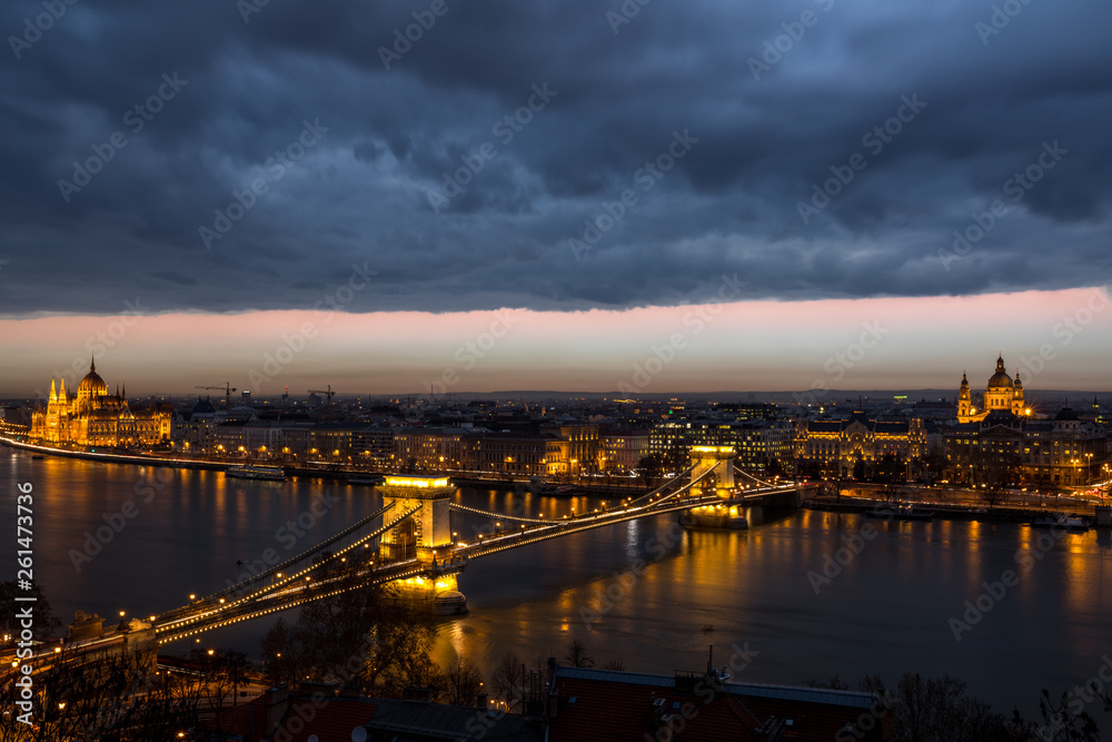 Aerial Budapest city scene at sunset time