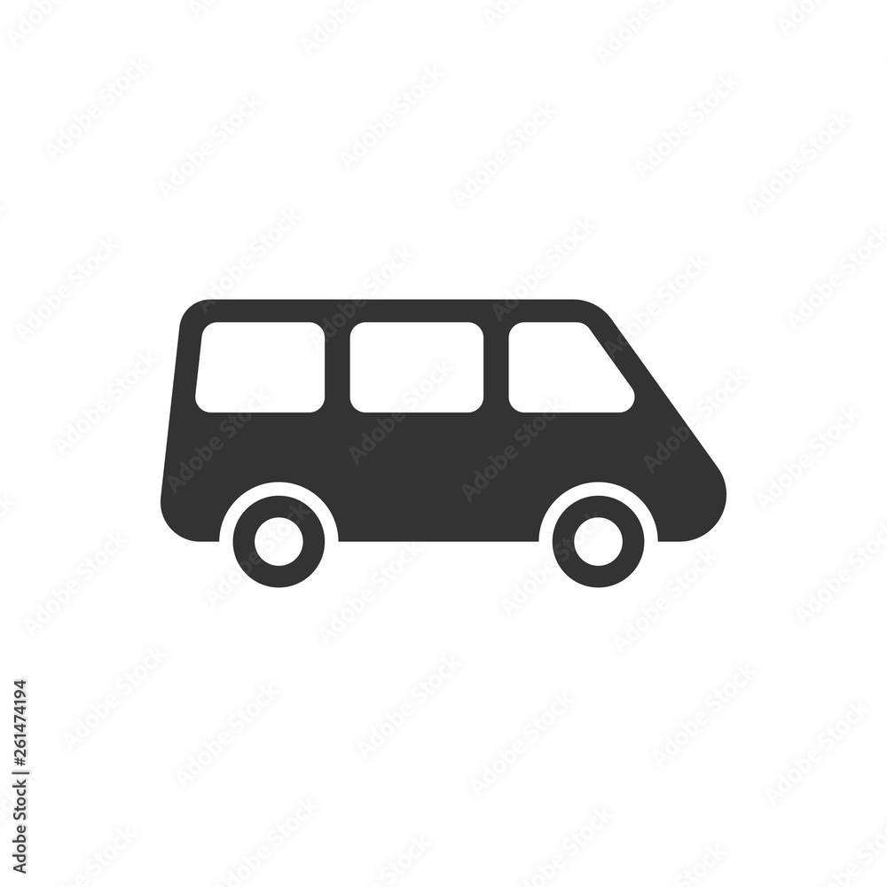 Passenger minivan sign icon in flat style. Car bus vector illustration on white isolated background. Delivery truck banner business concept.