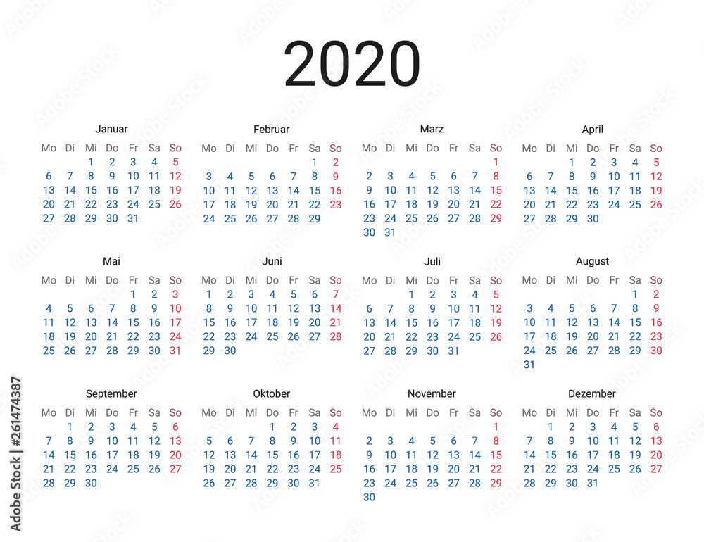 2020 year German calendar in German language. Classical, minimalistic, simple design. White background. Vector Illustration. Week starts from monday.