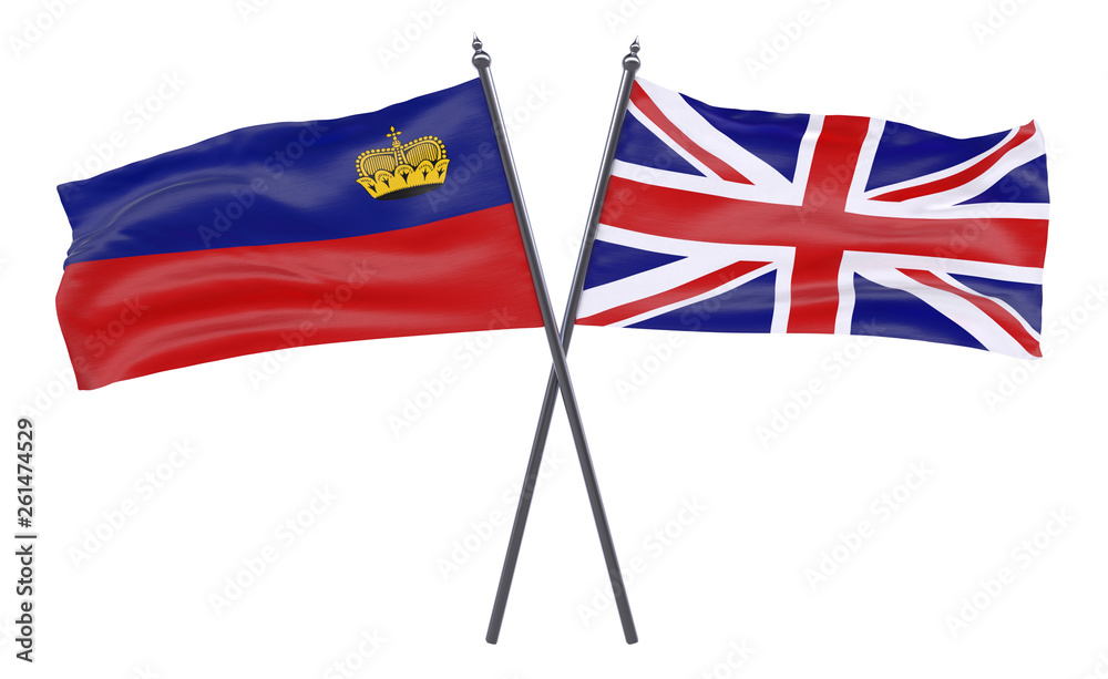 Liechtenstein and United Kingdom, two crossed flags isolated on white background. 3d image