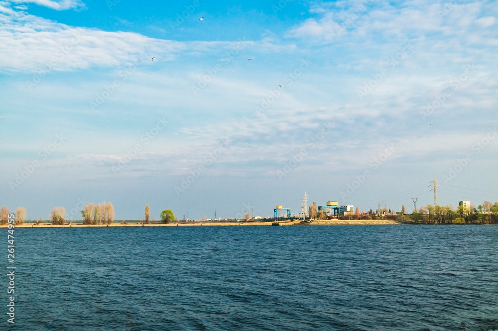 Powerhouse on Kiev Reservoir - panoramic view.