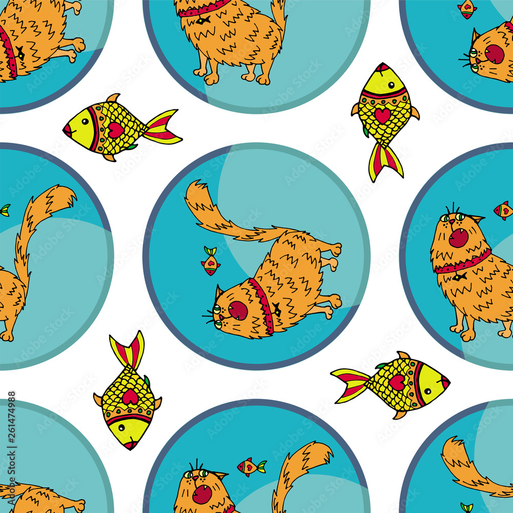 Cute cat and fish vector pattern illustrations on colored background