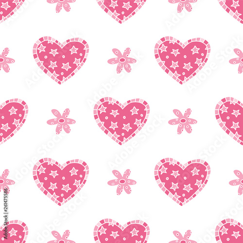 Vector seamless pattern colored hearts and flowers. Doodle hand drawing style. Pink colors palette