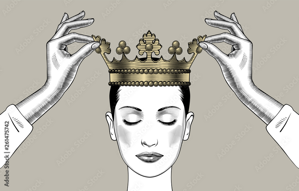Fototapeta Woman holding above a head the golden crown. Leadership, success , queen. Female hands holding a crown. Vintage engraving stylized drawing. Vector illustration