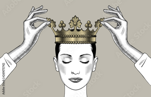Woman holding above a head the golden crown. Leadership, success , queen. Female hands holding a crown. Vintage engraving stylized drawing. Vector illustration