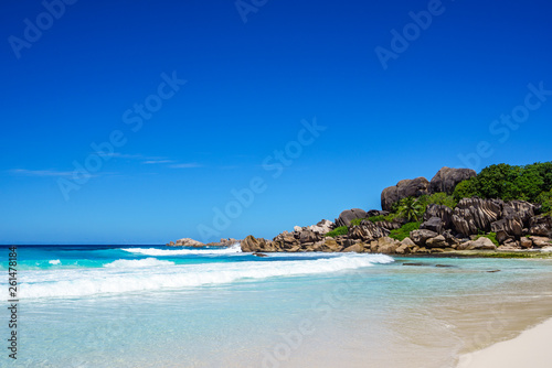 White sand  palm trees  granite rocks and turquoise water at the paradise beach at grand anse  la digue  seychelles 10