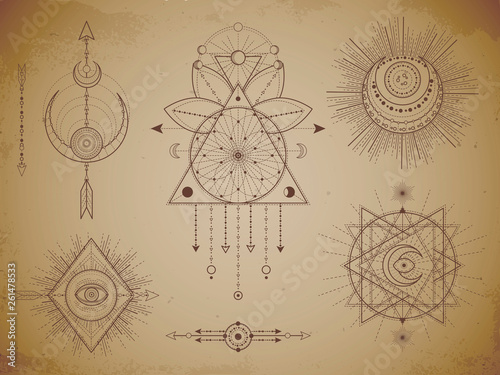 Vector set of Sacred geometric symbols and figures on old paper grunge background. Abstract mystic signs collection.