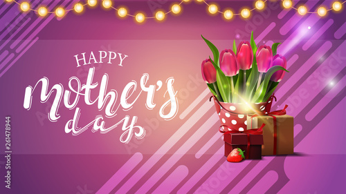 Mother's day greeting pink card with garland, beautiful lettering, bucket with tulips and gift
