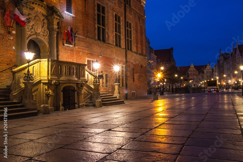 Architecture of the Long Lane in Gdansk at night.