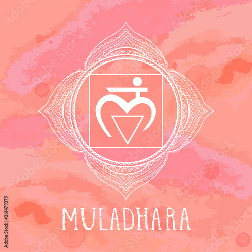 Vector illustration with symbol Muladhara - Root chakra on watercolor background.