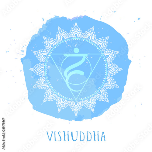 Vector illustration with symbol Vishuddha - Throat chakra and watercolor element on white background.