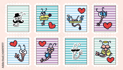 Cheerful cute stamp with funny shrimp symbols and elements of decoration. Set of beautiful marine  rubber stamps, label, sticker. Cartoon doodle style. Templates for gift box, scrapbook, design