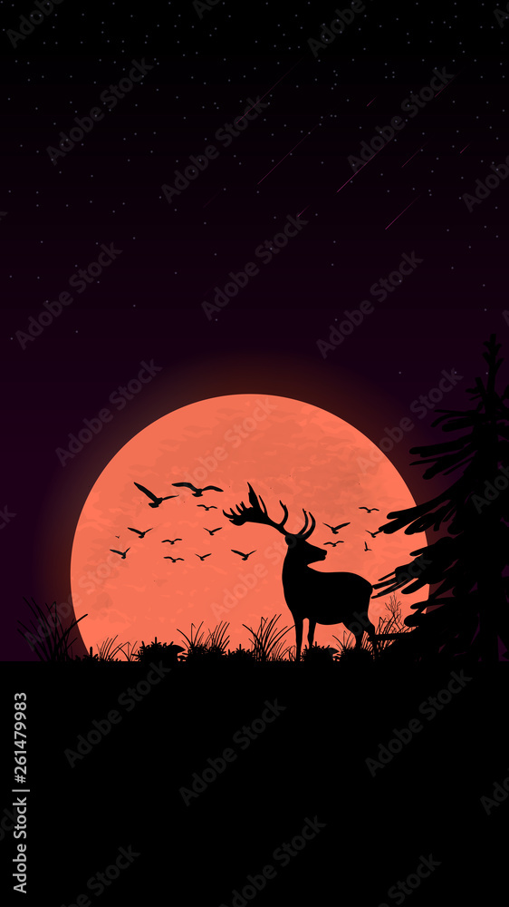 Sunset in the field, silhouette of deer, birds, trees and grass