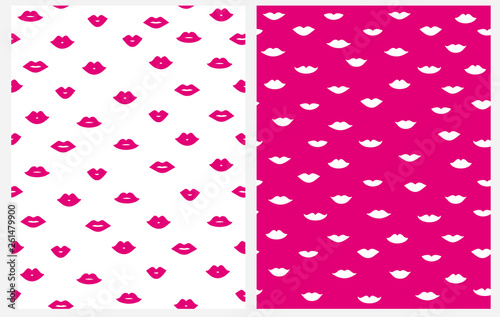 Lovely Abstract Lips Seamless Vector Pattern. Simple Imprint of Pink Lipstick Trace Isolated on a White Background. White Lips on a Pink Layout. Sweet Romantic Design With Trace of Pink Lips Kisses.