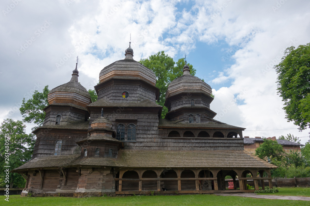 Drohobych, Ukraine - May 20 2018- St. George's Church in Drohobych, Lviv Oblast, Ukraine. It is part of the World Heritage Site - Wooden Tserkvas of the Carpathian Region in Poland and Ukraine.