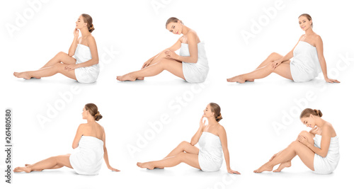 Set of beautiful young woman with towel on white background