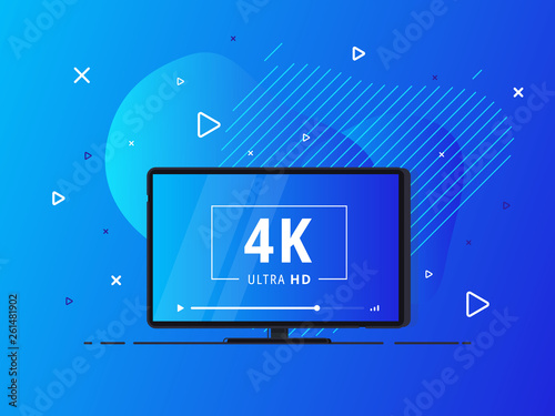Modern abstract screen tv with 4k Ultra HD video technology. LED television display on geometric liquid background with high definition digital tech symbol. Vector Illustration.