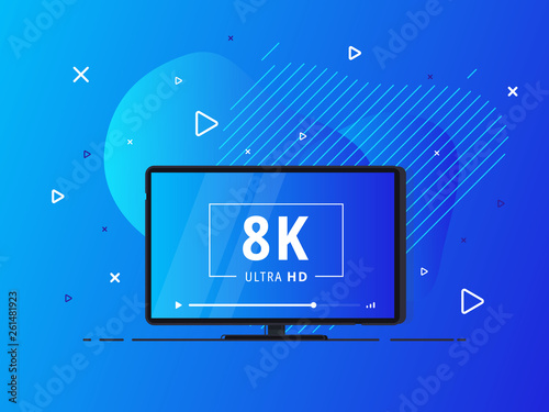 Modern abstract screen tv with 8k Ultra HD video technology. LED television display on geometric liquid background with high definition digital tech symbol. Vector Illustration.