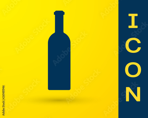 Blue Bottle of wine icon isolated on yellow background. Vector Illustration