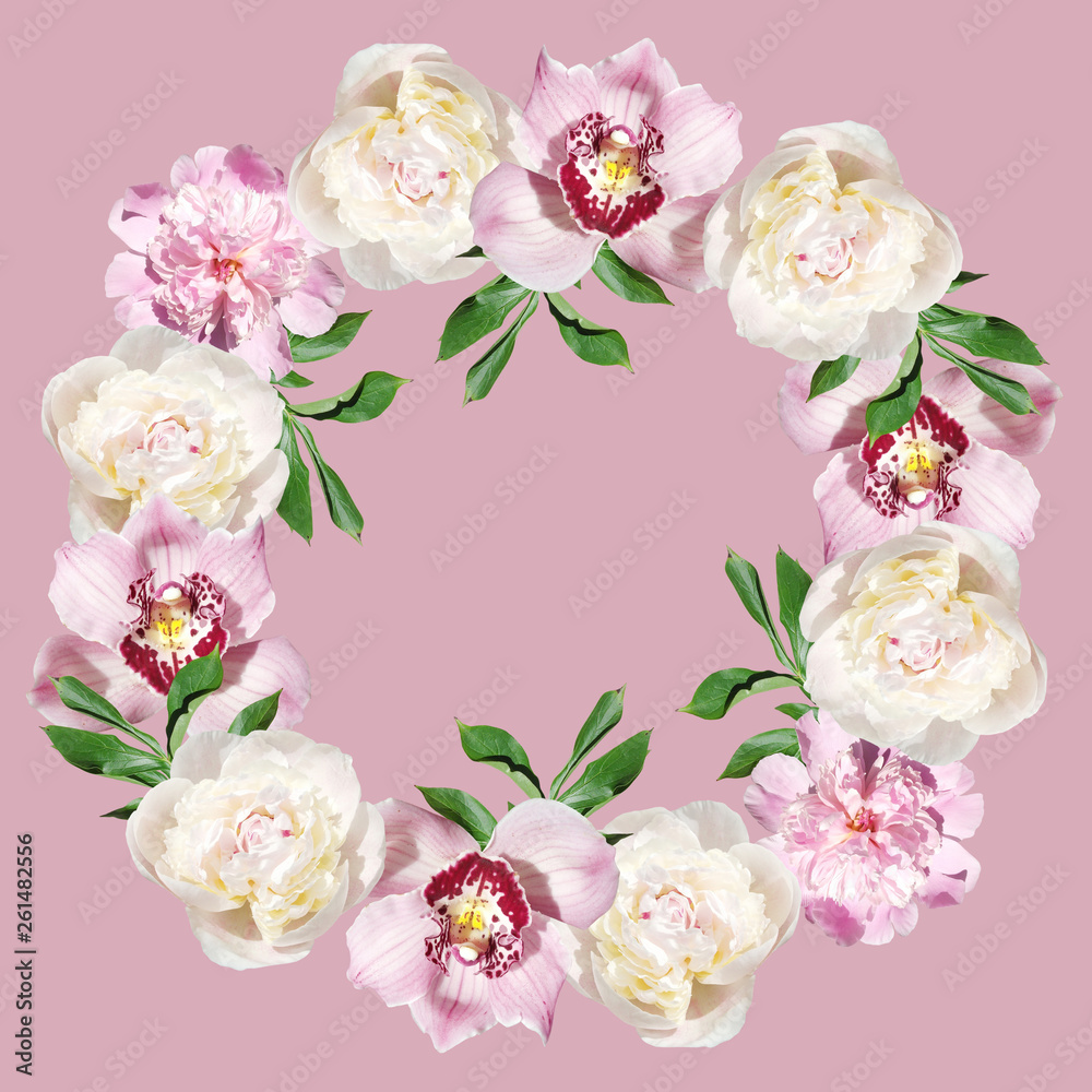 Beautiful flower circle of peonies and orchids. Isolated