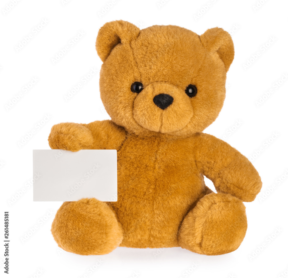 Fototapeta premium toy bear holding empty board isolated white background