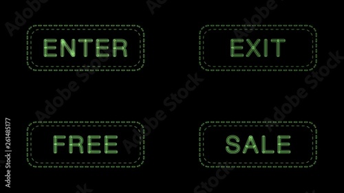 Four neon signs (Enter, Exit, Free, Sale) flashing green on a black background. Looped animation.