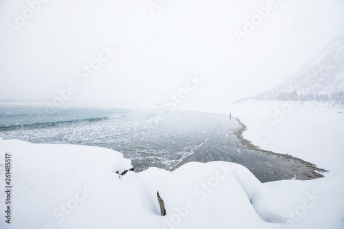 Arctic beach on Lofoten islands in Norway, Scandinavia, Europe. Misty snowy weather - the snow cover sandy beach till water edge, Norwegian sea, Atlantic ocean location over polar circle.