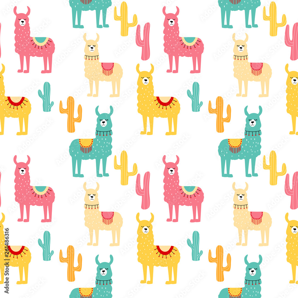 Seamless pattern with decorated lamas in poncho and cactus. Trendy cartoon print.Pink, yellow, blue  animal on white backdrop