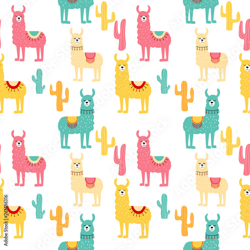 Seamless pattern with decorated lamas in poncho and cactus. Trendy cartoon print.Pink, yellow, blue  animal on white backdrop