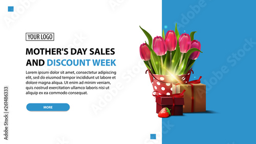 Mother's day sales and discount week, modern horizontal discount banner in bright colors with bucket with tulips and gift