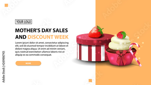 Mother's day sales and discount week, modern horizontal discount banner in bright colors with gift, strawberry and cupcake