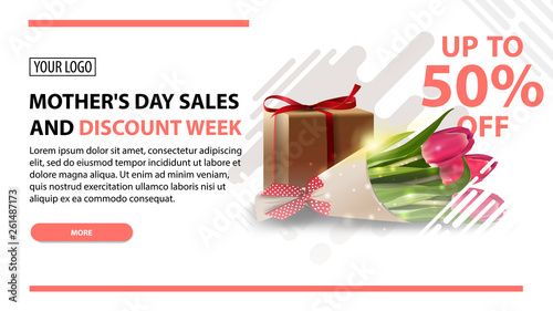 Mother's day sales and discount week, white modern horizontal discount banner with bouquet of tulips