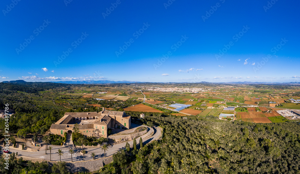 Aerial view, Santuari de Monti-Sión, Sanctuary Montesion, Puig de Monti-Sión, Porreres, Mallorca, Balearic Islands, Spain, jan 2019