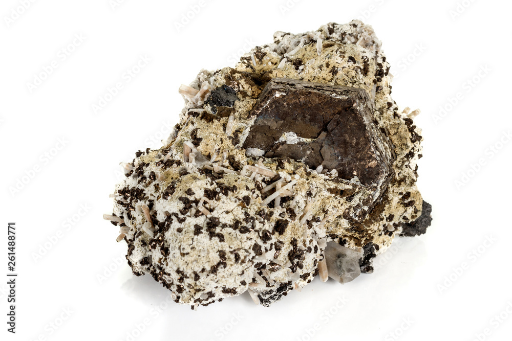 Macro stone Pyrite mineral in rock on a white background Macro stone Pyrite mineral in rock on a white background