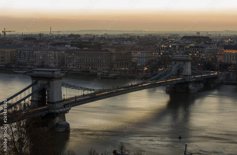 Aerial view of Chain Bridge over Danube river in Budapest
