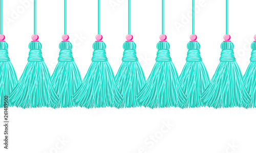 Vector seamless border pattern, mint tassels from yarn, tread with punchy pink beads. Horizontal endless border, divider. Perfect for decoration, celebrating decor, greeting cards and wallpapers