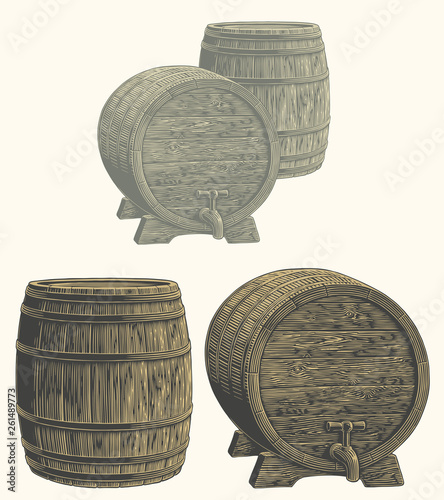 Wine barrels. Hand drawn engraving. Editable vector vintage illustration. Isolated on light background. 8 EPS