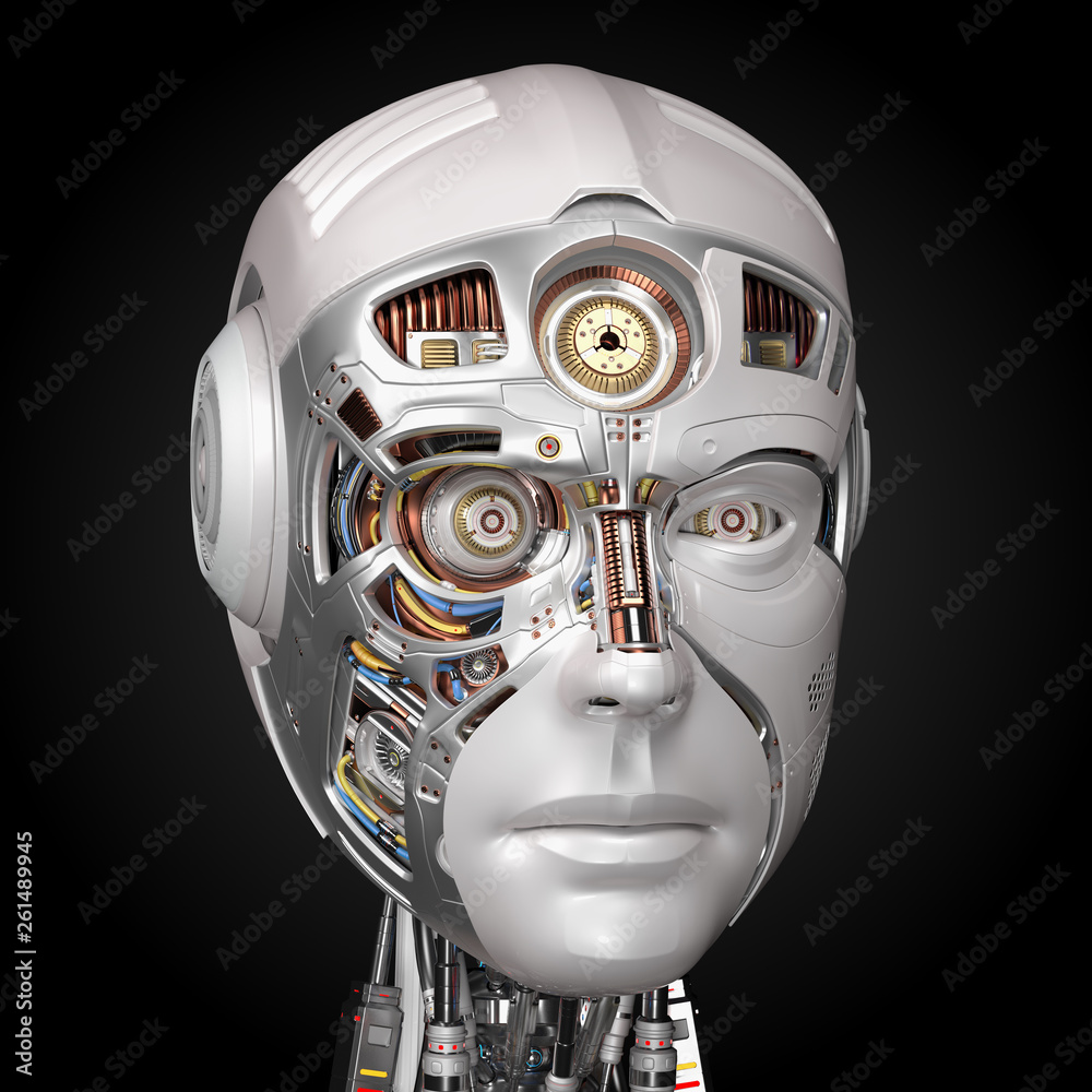 futuristic robot head with some very detailed parts uncovered under his  plastic face skin. Isolated on black background. 3D illustration  Illustration Stock | Adobe Stock