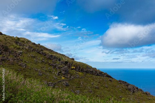 Hill of farm fields in the Corvo island in Azores, Portugal.