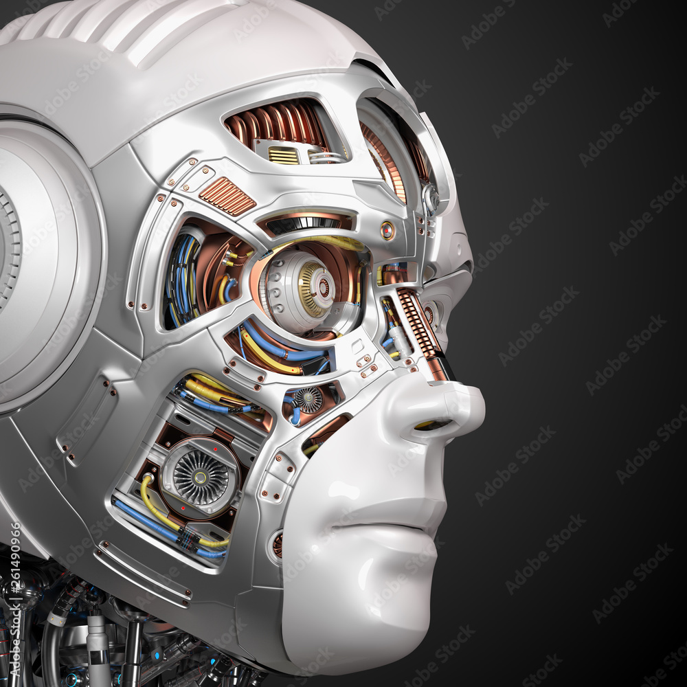 Futuristic robot head with some very detailed parts visible under the plastic face layer. Isolated on black background. 3D illustration