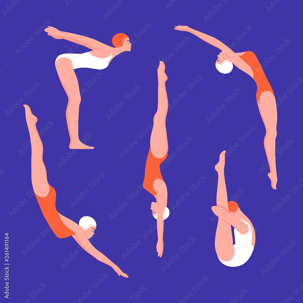 Set of women in swimwear in various poses. Jumping into the water and