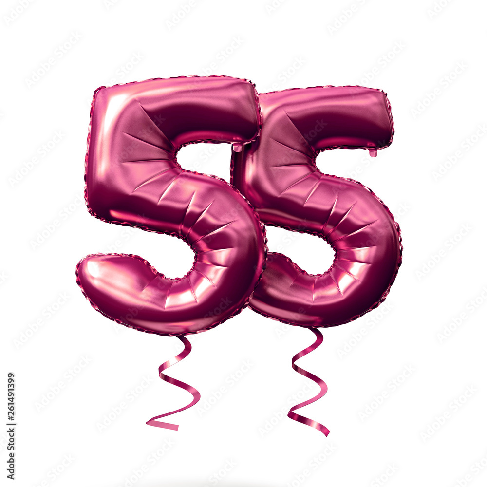Number 55 rose gold helium balloon isolated on a white background. 3D