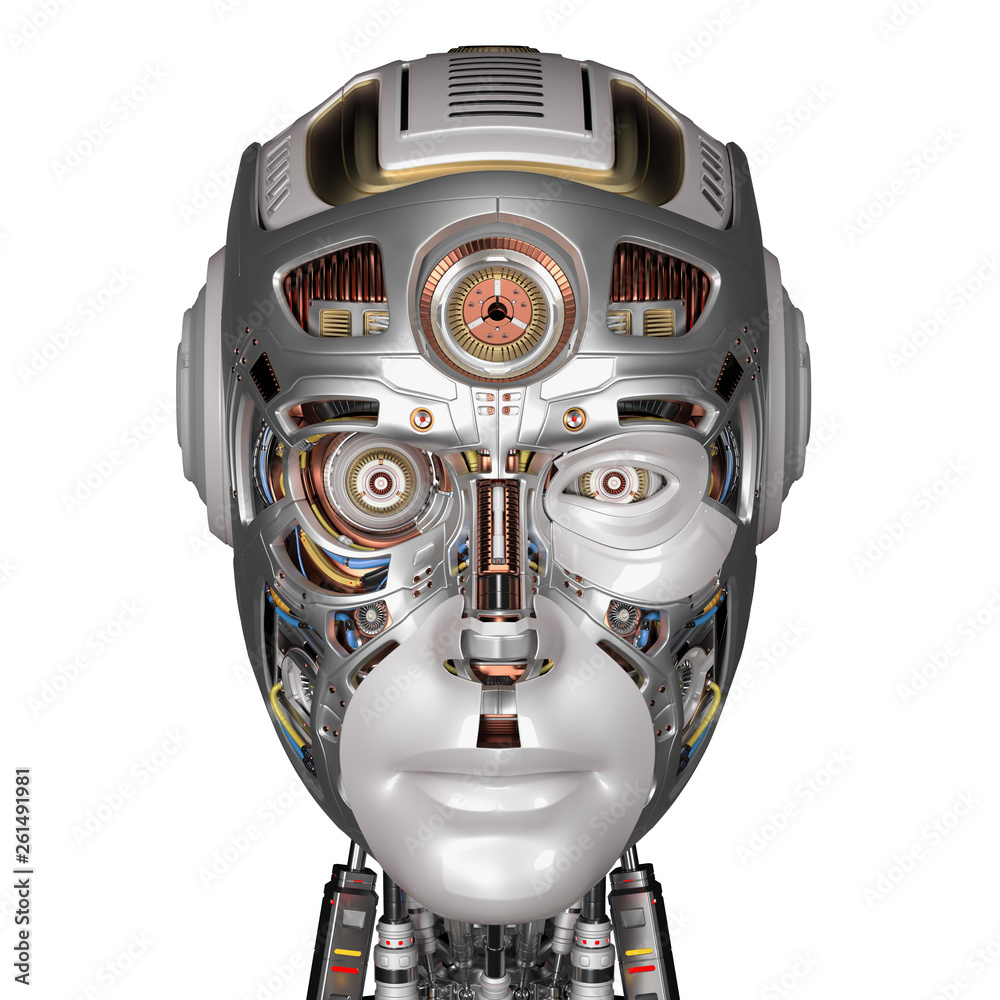 extremely detailed robot face or cyborg head. Front view on white background. 3D illustration Stock Illustration | Adobe