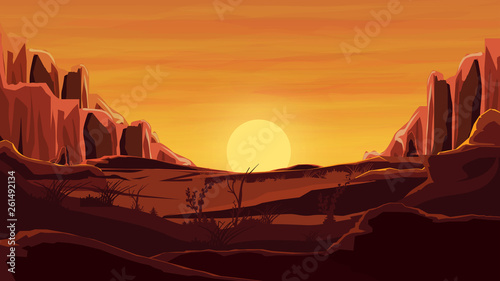Rocks in the desert, orange sunset, mountains, sand, beautiful sky.