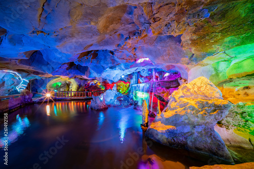The beautiful Seven Star cave with colorful lights and reflection at Seven-star Crags Scenic Area photo