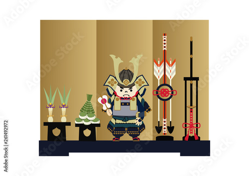 鎧武者。端午の節句のイメージ。 日本の季節のイラスト。 五月人形。こどもの日のイラスト素材。
